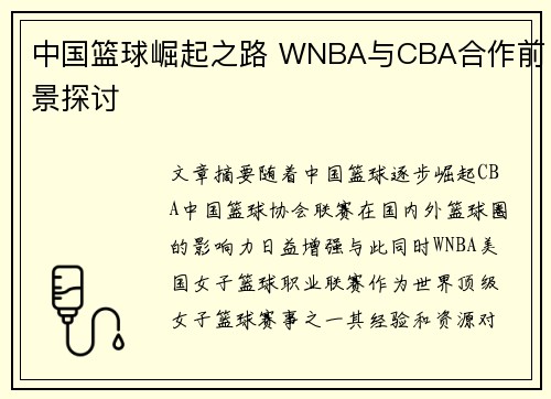 中国篮球崛起之路 WNBA与CBA合作前景探讨