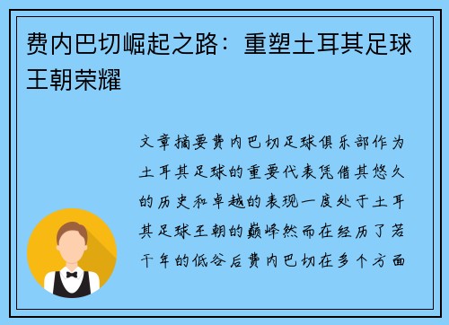 费内巴切崛起之路：重塑土耳其足球王朝荣耀