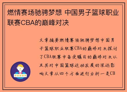 燃情赛场驰骋梦想 中国男子篮球职业联赛CBA的巅峰对决