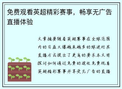 免费观看英超精彩赛事，畅享无广告直播体验