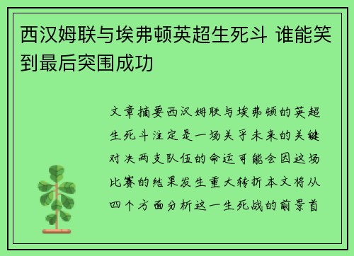 西汉姆联与埃弗顿英超生死斗 谁能笑到最后突围成功