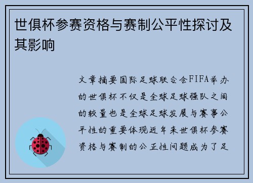 世俱杯参赛资格与赛制公平性探讨及其影响
